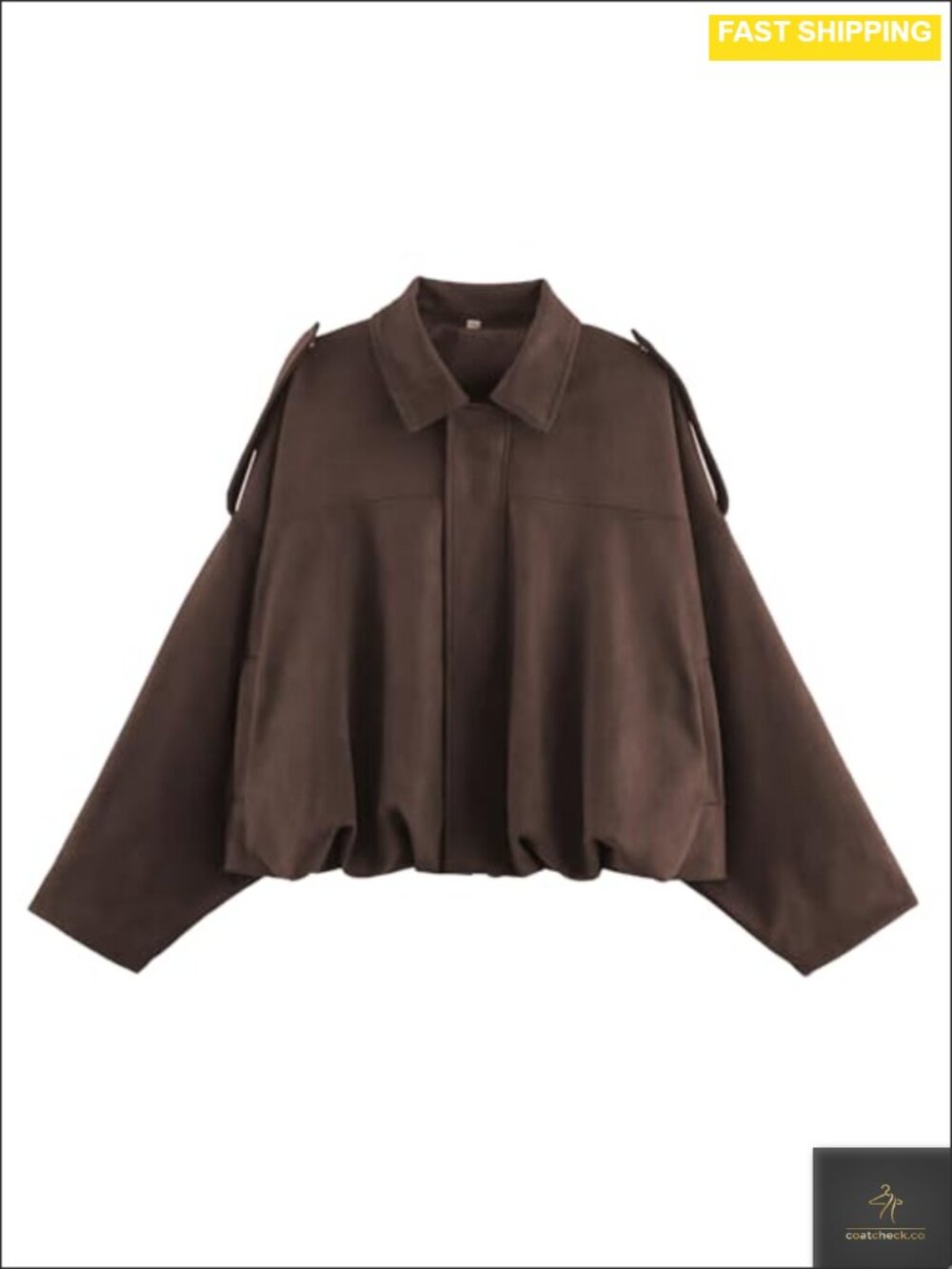 Faux Suede Bomber Jacket Cropped Zip Up Batwing Sleeve Casual